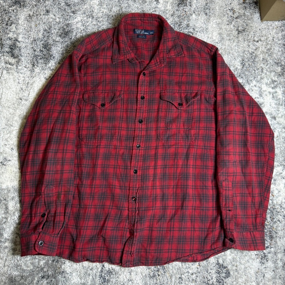 Polo Ralph Lauren Flannel Shirt Mens XL Red Black Plaid Button Down Cotton - Picture 1 of 5